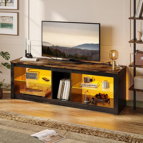 Bestier 140cm TV Stand Cabinet for 65 Inch TVs – Modern Entertainment Unit with RGB LED Lights, Glass Shelf, 3 Power Outlets & 2 USB Ports, Golden Black TV Unit for Living Room or Bedroom