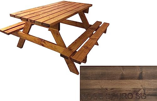 TOTAL WOOD 2012, Mesa de Picnic con Dos Bancos, Modelo Classico con Tablero de una Sola Pieza, de Madera Maciza, Conjunto de Camping Tablero + Asientos, Made in Italy (200x160x80, Nogal Oscuro SG)