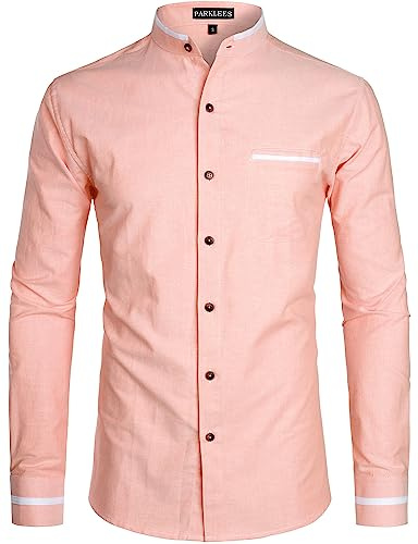 PARKLEES Mens Hipster Design Grandad Collar Oxford Shirt Slim Fit Long Sleeve Casual Button Down Dress Shirts with Pocket EU-PZ113 Orange Small