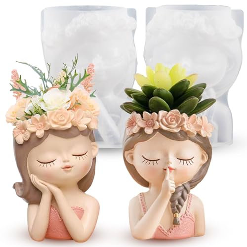 2 Stück Silikonform Blumenmädchen Blumentopf Gießform Mädchen Blumentopf Silikonformen Mädchen Silikon Gießform Blumenmädchen Beton Gießform 3D Vase Silikonform Blumentopf Gipsform für DIY Handwerk