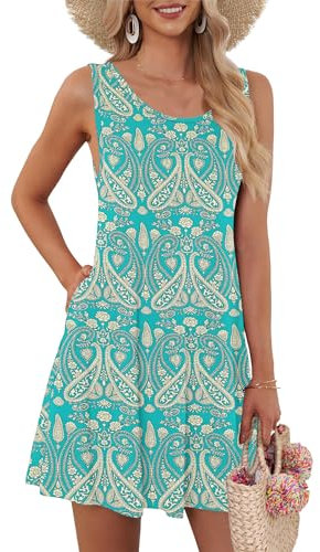 AUSELILY Boho Kleid Damen Kurz Urlaub Midi ärmellose Plissee Loose Swing Sommerkleid Knielang mit Taschen Boho Floral Grün L