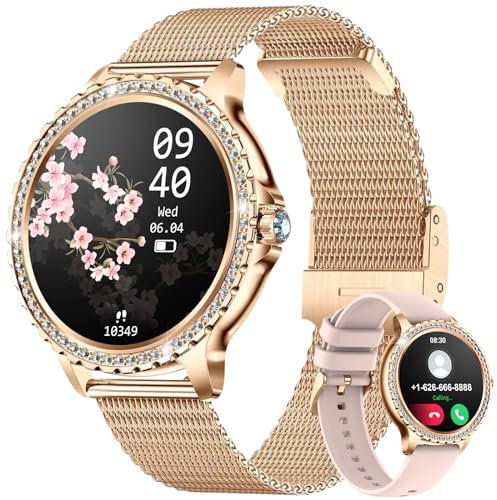 LIGE Damen Smartwatch Bluetooth Anrufe für Android iOS 100+ Sport Fitness Tracker 1,32 HD Full Touch Screen Frauen Smartwatch Herzfrequenz Schlaf Monitor Diamant Damen Rosa Masche Smartwatch