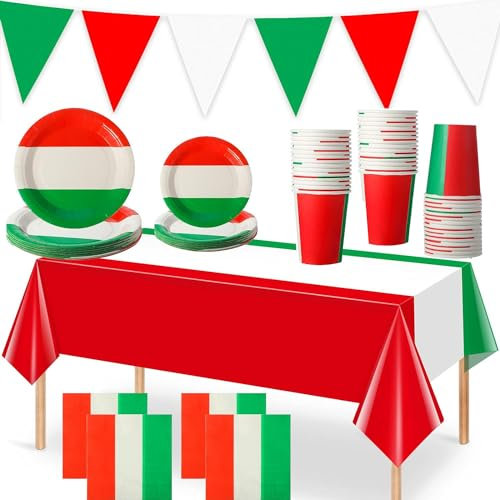 Kit de fête 82 pièces Italie pour 20 personnes - Assiettes, gobelets, serviettes, guirlande de fanions - XXL - Décoration de fête italienne au design du drapeau italien
