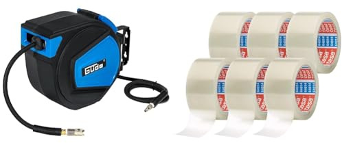Güde 2882 Automatik Schlauchtrommel 15M 12 Bar max. Arbeitsdruck & tesapack 64014 im 6er Pack - Geräuscharmes Paketklebeband zum Verpacken von Paketen und Versandschachteln