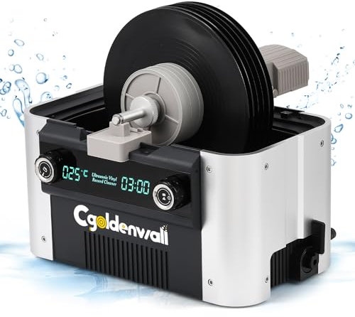 CGOLDENWALL 6L Vinyl Record Ultrasonic Cleaner Max. 10 Discs 49khz LCD Display 3-15 Min Timer 25/30°C Heating Function Auto Rotary for 10/12 Record 18Min Automatic Drying Water Filtration Temp. Alarm