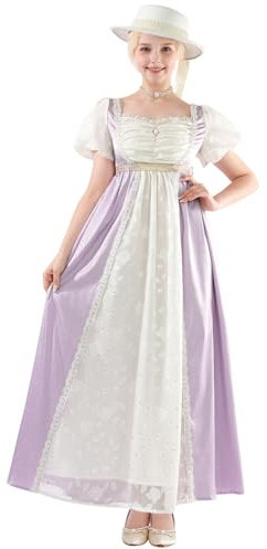 CR ROLECOS Regency Robe victorienne pour femme, robe de bal Bridgerton bouffante avec gants, Violet clair, S