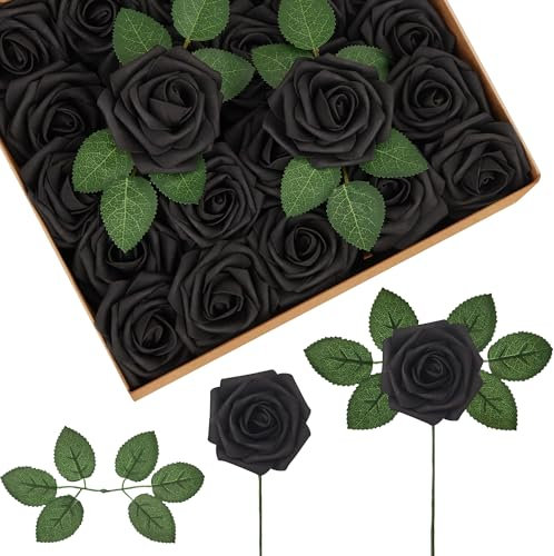 InnoGear Rose artificiali, 50 rose finte nere per decorazione fai da te, bouquet di nozze, centrotavola, addio al nubilato, feste, composizioni floreali, San Valentino, Natale, Natale