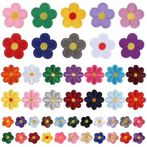 46 Stück Patches zum Aufbügeln Set (14 Kleine Gänseblümchen, 10 Große Blumen, 22 kleine Blumen), Florale Aufnäher zum Aufbügeln, Flicken zum Aufbügeln Kinder für Jeans, Hemden und DIY-Stickaufnäher