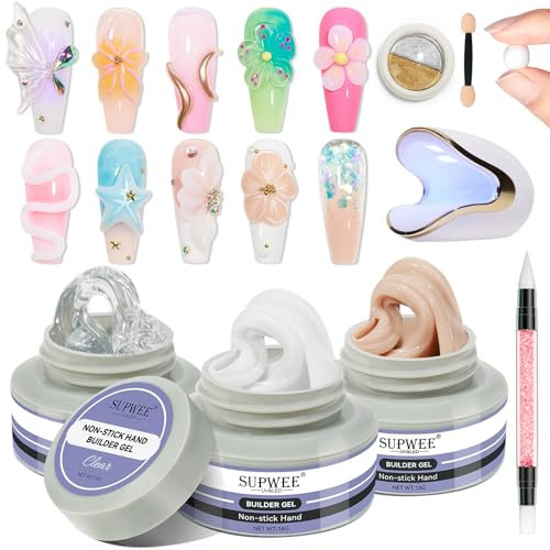SUPWEE Solid Builder Gel Nails Kit with Nail Lamp, 3 Colors 3D Sculpture Gel Non-sticky Building Gel Clear White Nude Carving Gel Nail Extension Gel Soak Off Nail Art Salon Home 18g