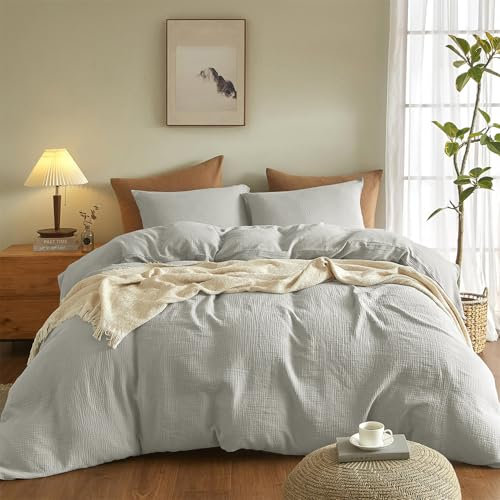 Boqingzhu Muslin Bettwäsche 135x200 cm Baumwolle Grau Hellgrau Sommerbettwäsche Weich Kühlend Atmungsaktiv Sommer Bettbezug Einzelbett und Kissenbezug mit Reißverschluss