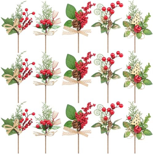 Songjum 15 Stück Künstliche Weihnachtszweige zur Dekoration, Rote Beere Weihnachtszweige Pin Kiefernzweige Dekoration mit Tannenzapfen Kiefernnadel für Weihnachtskränze Home Vase Dekor