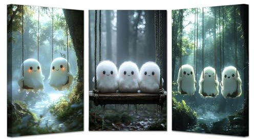JOSUE 3 Teilig Grün, weiß Halloween Bilder Leinwand Modern, Niedlicher Geist Bild Wandbilder Wohnzimmer Schlafzimmer Wanddeko-60x80cmx3 Gerahmt
