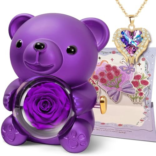 DINGHENG Rosen Bär Mit Herz Damen Halskette, Konservierter Rosen Bär Ewige Echte Rose, Muttertag Valentinstag Hochzeitstag Geschenk für Mama Freundin (lila)