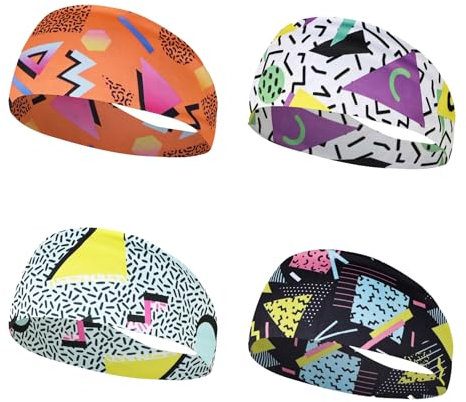 Hinapan Lot de 4 bandeaux vintage des années 80 et 90 avec imprimé rétro - Bandana fluo - Pour homme et femme - Pour fête hip-hop, cyclisme