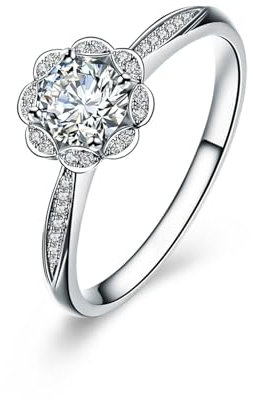 Tolldek Weiß Gold 18K Ring, Blumen Antragsring mit Diamant 0.16ct, Pärchen Ringe Au750 Gold Partnerringe Echter Schmuck, Gr.58 (18.5)