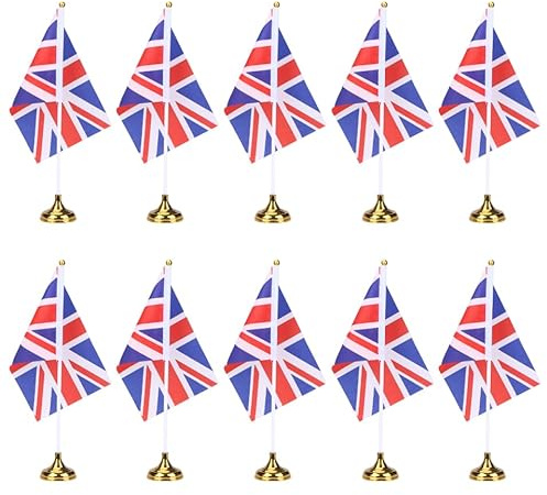 NUOBESTY UK Desktop National Flag Set - 48Pcs Mini Union Jack Table Flags with Gold Base for Office, Party Decorations - 30X14X5.5cm