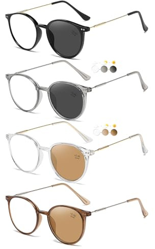 KOOSUFA Runde Selbsttönende Lesebrille Photochrome Damen Herren | Anti-Blaulicht Lesebrillen, Metallbügel, mit UV-Schutz, Sonnenlesebrille, Outdoor Lesehilfe, 0.0 1.0 1.5 2.0 2.5 3.0 3.5 4.0