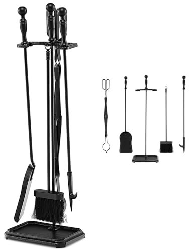 LSyySy Lot de 5 accessoires de cheminée en fer forgé avec support, pince, pelle, brosse et tisonnier, accessoires pour poêle à charbon (naturel + noir, 4 crochets, base ronde)