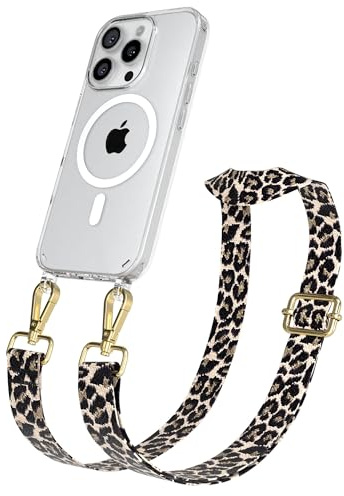 EAZY CASE Handykette - Verstellbares Taschenband kompatibel mit iPhone 16 Pro, Schulterriemen, Handykordel mit Silikon Hülle, Qi Charging kompatibel, Umhängetasche, Leo - Schwarz Beige Gold
