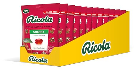 Ricola Cherry Cough Drops Bag, Pack of 12, 70g | Cherry Flavour, Sugar Free Swiss Herbal Sweets, Effective Throat Lozenges, 70g Pack of 12