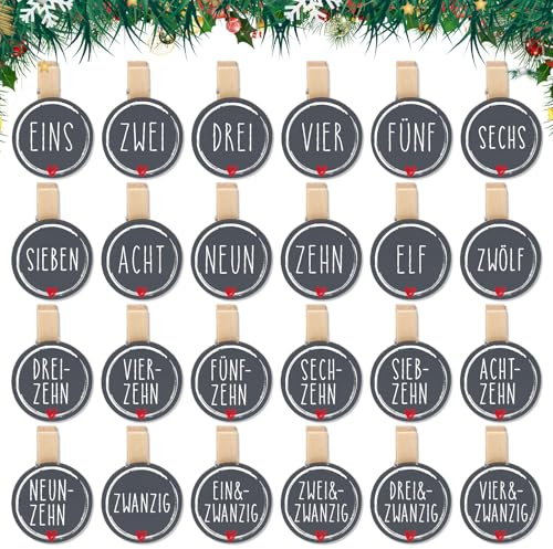 MEJOSER Adventskalender Zahlen Klammern Holz 1-24 Nummern 2025 Adventskalenderzahlen Weihnachtsdeko für Adventskalender Selber Machen Basteln Weihnachten Geschenke Deko