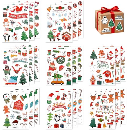 KUBDPQOR Weihnachtssticker 339 Stück Selbstklebende Sticker für Weihnachten, buntes Deko Set mit Rentier, Schneemann & Nikolaus, Aufkleber für Geschenkverpackung, Karten, Basteln, DIY ideal