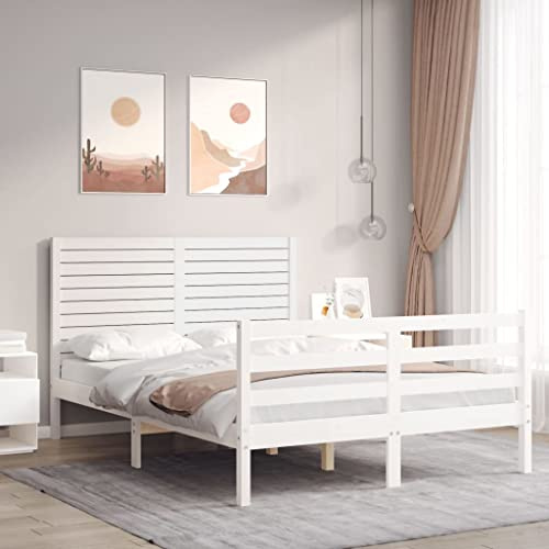 HaoChrymec Massivholzbett mit Kopfteil aus Kiefernholz, Robustes Design, Praktisches Kopf- und Fußteil, einzelbett, polsterbett, Für Schlafzimmer & Jugendzimmer, Weiß, 120x200 cm