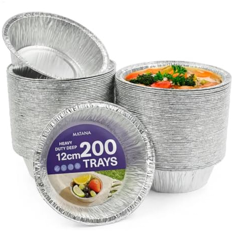 MATANA 200 Pack 5 Foil Pie Dishes - 12 cm / 250 ml Round Baking Trays for Tarts, Quiches, Desserts & Cakes – Reusable & Disposable Aluminium Pie Tins
