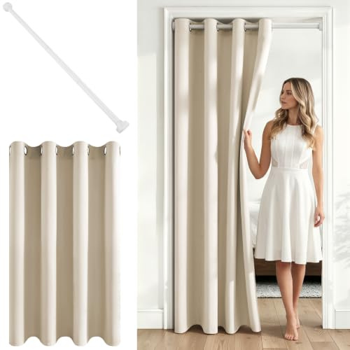 MRTREES Beige Türvorhang mit Stange 1 Stück, Ohne Bohren H 220 x B 140 cm | Teleskopstange zum Klemmen Weiß 75-125cm,Einfache Montage,Vorhang Blickdicht,Raumteiler vorhang,für Mietwohnung,Balkontür