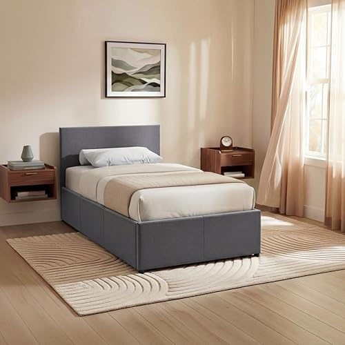 Vida Designs Veronica Single Ottoman Bed Frame | Dark Grey Linen | 82 H X 97 W x 200 D cm (3ft) | Upholstered Linen Headboard | Gas-Lift | Large Storage | Slatted Base | Premium Bedroom Furniture
