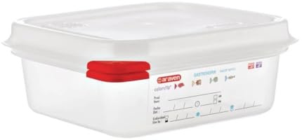 Araven 03350 PP Food Container GN with Lid, 1.1 L, 65 mm (Pack of 4) | Withstands temperatures from -40C to 95C and features a written scale to simplify commercial kitchen portion control.