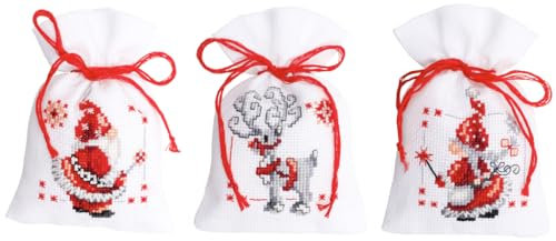 Vervaco Zählmusterpackung Stickset Säckchen Wichtel 3er DIY Gezählter Kreuzstich Stickpackungen Basteln Erwachsene Kreativ Set 8 x 12 cm Stickset für Anfänger Stoffbeutel zum Sticken