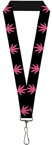 Schlüsselband, Marihuana-Blatt, 2,5 cm, Schwarz / Rosa