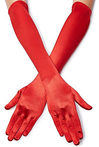 Long Opera Party Gloves for Women 1920s 20s Satin Gloves Costumes Elbow Length Bridal Evening Dress, 21.6 inches, Red, One-Size