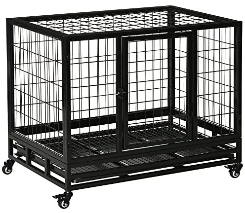 PawHut 38 Heavy Duty Metal Dog Kennel Pet Cage with Crate Tray and Wheels - Black (Medium)