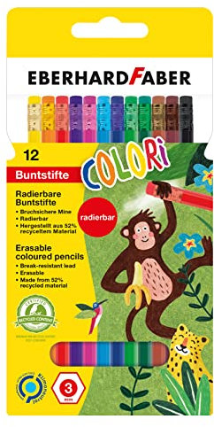 Eberhard Faber 514817 - Buntstifte Set Colori, 12 radierbare Buntstifte, hexagonale Form