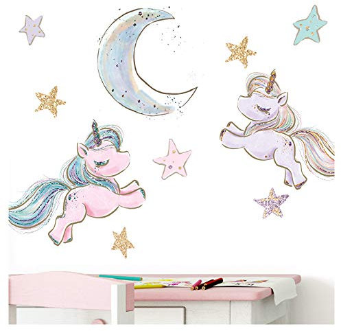 Little Deco Wandtattoo Kinderzimmer Einhorn Sterne Mond Lila I 2 A4 Bögen I Baby Wandsticker 2 Einhörner Wandaufkleber Babyzimmer Mädchenzimmer DL214-10