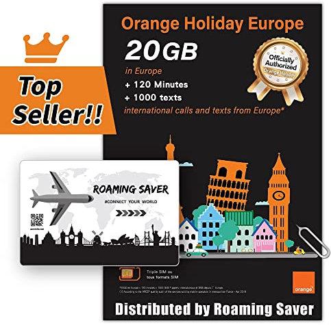 Orange Holiday Europe Carte SIM prépayée Combo Deal 20 Go de données Internet en 4G/LTE + 120 Min d'appels internationaux + 1000 SMS d'europe vers Le Monde Entier + 1 Support de Carte SIM + 1 Broche