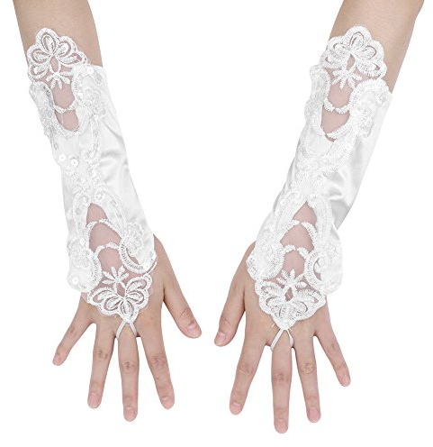 Brauthandschuhe Fingerlose Satinhandschuhe Sequins Blumen Hochzeithandschuhe Hochzeit Abend Party Armstulpen Lange Weiche Brautstulpen Damen Spitze Handschuhe Frauen Dress-up Accessoires