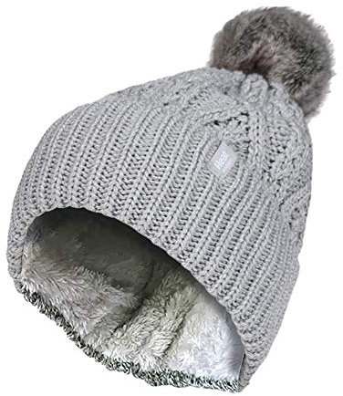 HEAT HOLDERS - Damen Warm Strickmütze Gefüttert Beanie mit Bommel und Fleecefutter (One Size, Light Grey (Solna))
