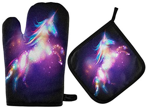 Mnsruu Topflappen-Set für die Küche, Einhorn, Galaxie, Ofenhandschuhe, Handschuhe, Isolierung, 300 Grad, weiches Baumwollfutter und rutschfeste Oberfläche, sicher zum Backen, Kochen, Grillen