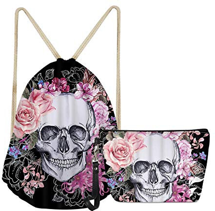 SEANATIVE Rucksack mit Kordelzug, Rosen-Zuckerschädel und Totenkopf, Sportbeutel für Reisen, mit kleiner Make-up-Tasche, Geschenk-Set von 2