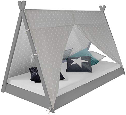 Homestyle4u 1967, Kinderbett 90x200 cm, Tipi Bett Grau Weiß, Tipi Zelt Mit Sterne, Holz Kiefer