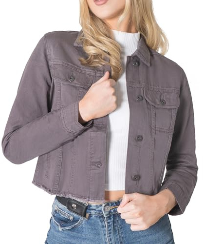 NOROZE Women's Denim Jacket Cropped Denim Jacket Women Ripped Self Fabric Distressed Hem Casual Jean Coat (12, Charcoal)