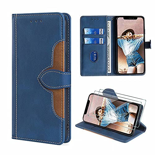 FMPCUON Cover per Apple iPhone 11 Pro Max 6.5,Flip Custodia Pelle per Apple iPhone 11 Pro Max 6.5,Folio Wallet/Portafoglio Protezione Case Caso Bumper + Vetro temperato * 2,Blu