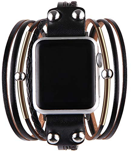 VIKOROS Multi-Layer Leather Wrap Bracelet Compatible with Apple Watch Ultra SE Series 8 7 6 5 4 3 40mm 38mm 41mm for Women Mens, Boho Stylish Cuff Bangle Watch Strap for Iwatch Bands Black L