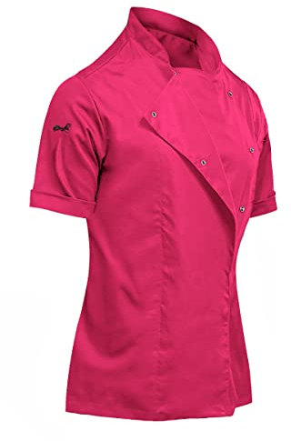 Veste de Cuisine pour Femmes Stretch Uniforme Professionnel de Chef Cuisinier avec Boutons sur Le Devant Manche Court - Rose - Taille L