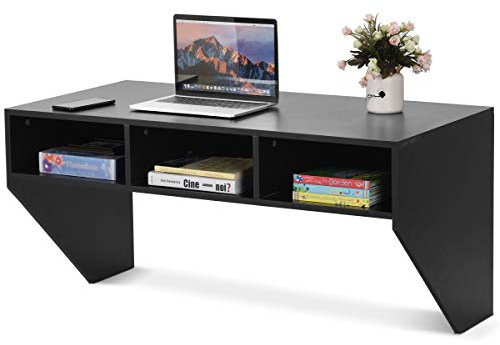 COSTWAY Wandtisch Holz, Wandmontierbarer Computertisch mit 3 Ablageflächen, Wandschreibtisch Laptop Schreibtisch Esstisch, Wandschrank Wandregal für Küche Wohnzimmer Büro (Schwarz)