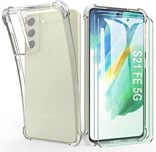 HTDELEC Cover per Samsung Galaxy S21 FE 5G + 2 Pezzi Pellicola Vetro Temperato,Custodia Trasparente TPU Silicone Case Antiurto Corner Cushion Bumper Cover per Samsung Galaxy S21 FE 5G (Clear-02)