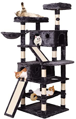 JISSBON Cat Tree Cat Tower 178cm, Multi Level Cat Scratching Post with Condos, Ladders, Basket, Hammock & Plush Perches for Kittens, Large Cats, Grey